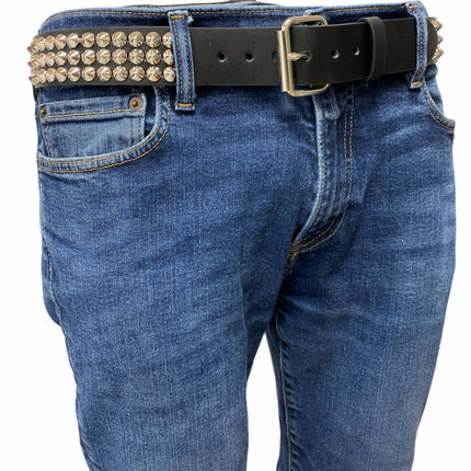 BT108 BLACK LEATHER BELT, 3 ROW CONICAL STUDS, 1 1/2" WIDE