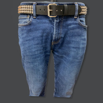 BT108 BLACK LEATHER BELT, 3 ROW CONICAL STUDS, 1 1/2" WIDE