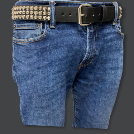 BT108 BLACK LEATHER BELT, 3 ROW CONICAL STUDS, 1 1/2" WIDE