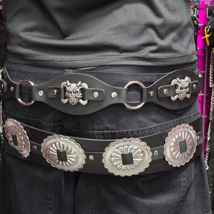 BT110DEVIL CROSS BONE LINK RING BELT GENUINE LEATHER