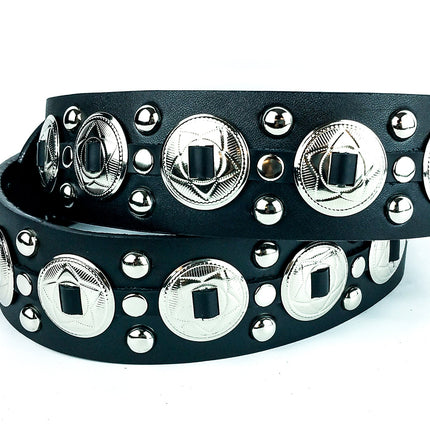 BT112 BLACK LEATHER BELT, SMALL CONCHO & ROUND STUDS