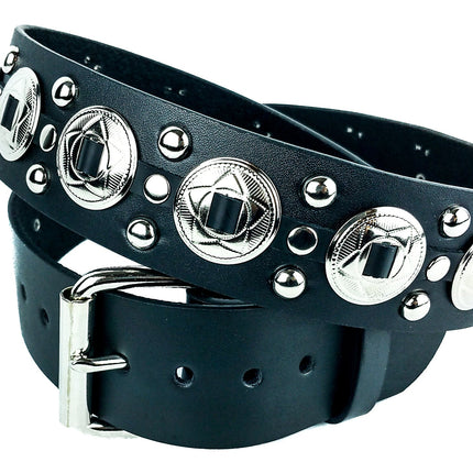 BT112 BLACK LEATHER BELT, SMALL CONCHO & ROUND STUDS