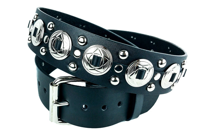 BT112 BLACK LEATHER BELT, SMALL CONCHO & ROUND STUDS