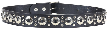 BT112 BLACK LEATHER BELT, SMALL CONCHO & ROUND STUDS