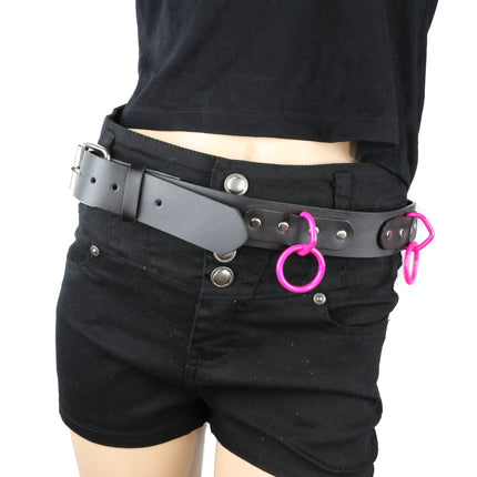 BT114-PS BLACK LEATHER BONDAGE BELT, LARGE PINK LOOPS & RINGS