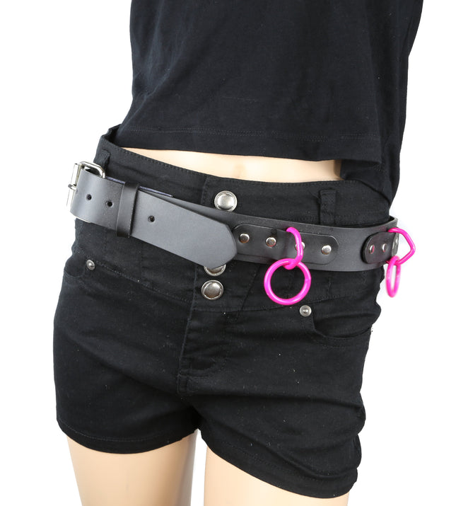 BT114-PS BLACK LEATHER BONDAGE BELT, LARGE PINK LOOPS & RINGS