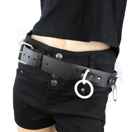 BT114-WS BLACK LEATHER BONDAGE BELT, LARGE WHITE LOOPS & RINGS