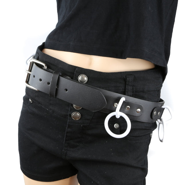 BT114-WS BLACK LEATHER BONDAGE BELT, LARGE WHITE LOOPS & RINGS