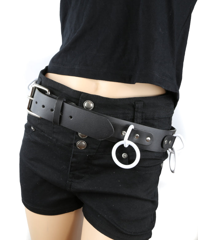 BT114-WS BLACK LEATHER BONDAGE BELT, LARGE WHITE LOOPS & RINGS