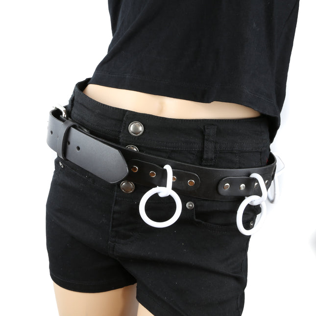 BT114-WS BLACK LEATHER BONDAGE BELT, LARGE WHITE LOOPS & RINGS