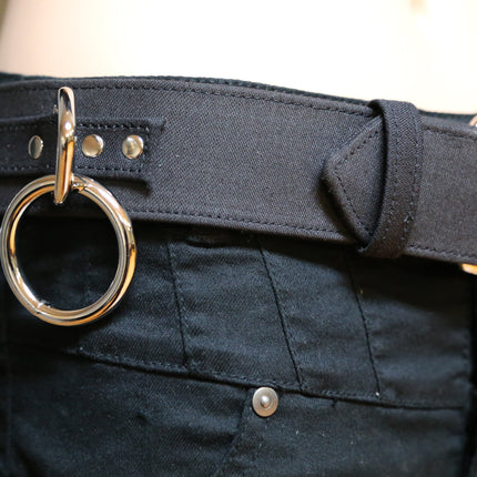 BT114C-BLK BLACK CANVAS BONDAGE BELT, LARGE LOOPS & RINGS