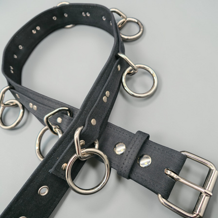 BT114C-BLK BLACK CANVAS BONDAGE BELT, LARGE LOOPS & RINGS