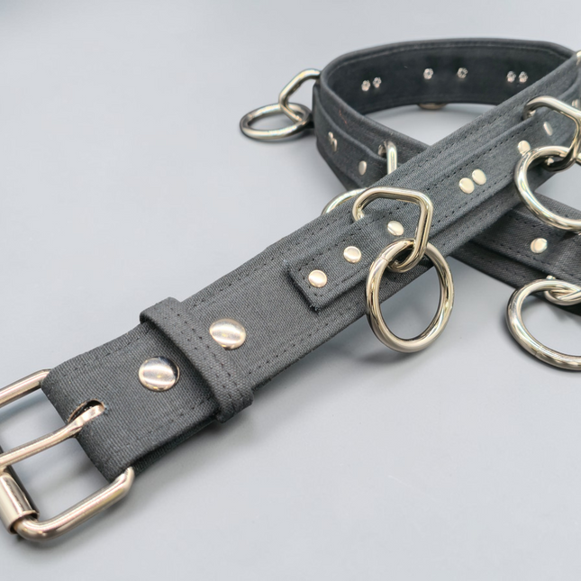BT114C-BLK BLACK CANVAS BONDAGE BELT, LARGE LOOPS & RINGS