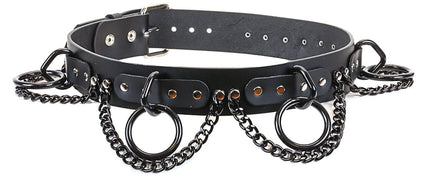 BT115-BS BLACK BONDAGE BELT, 1 1/2" BLACK LOOPS & RINGS & CHAINS
