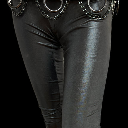 BT115-BS BLACK BONDAGE BELT, 1 1/2" BLACK LOOPS & RINGS & CHAINS