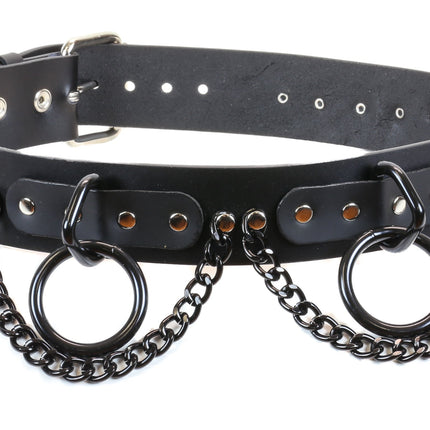 BT115-BS BLACK BONDAGE BELT, 1 1/2" BLACK LOOPS & RINGS & CHAINS