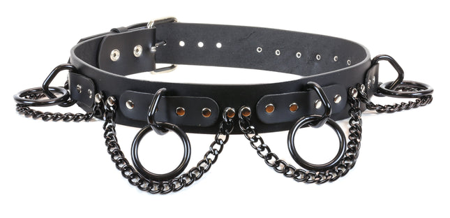 BT115-BS BLACK BONDAGE BELT, 1 1/2" BLACK LOOPS & RINGS & CHAINS