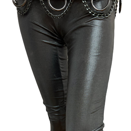 BT115-BS BLACK BONDAGE BELT, 1 1/2" BLACK LOOPS & RINGS & CHAINS