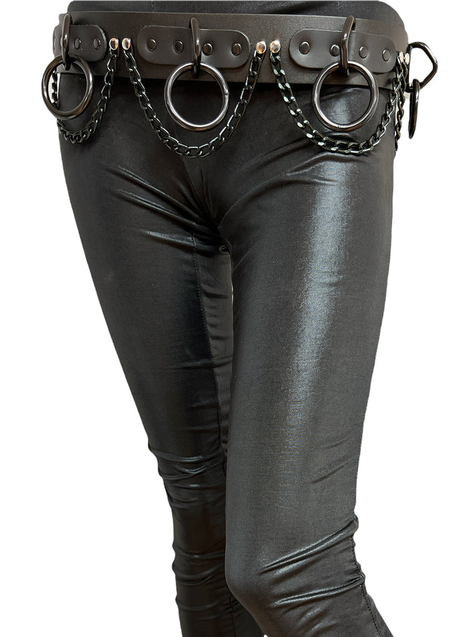 BT115-BS BLACK BONDAGE BELT, 1 1/2" BLACK LOOPS & RINGS & CHAINS