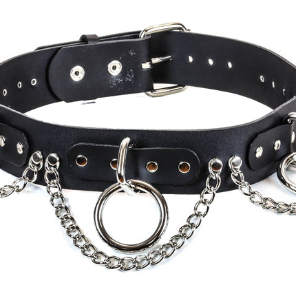 BT115 BLACK LEATHER BONDAGE BELT, 1 1/2" LOOP, RING, & CHAIN