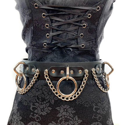 BT115 BLACK LEATHER BONDAGE BELT, 1 1/2" LOOP, RING, & CHAIN
