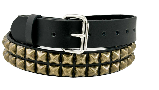 BT117-ABRS ANTIQUE BRASS 2 ROW PYRAMID STUDDED BELT USA LEATHER