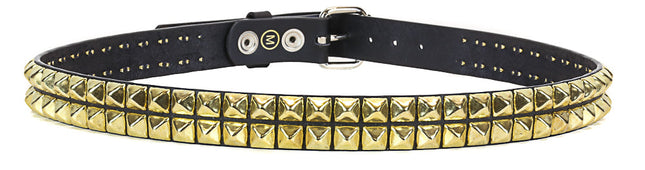 BT117-BRS BLACK LEATHER BELT, 2 ROW 1/2" BRASS PYRAMID STUDS, 1 1/4" WIDE