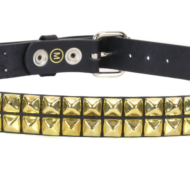 BT117-BRS BLACK LEATHER BELT, 2 ROW 1/2" BRASS PYRAMID STUDS, 1 1/4" WIDE
