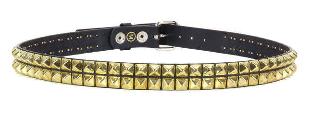 BT117-BRS BLACK LEATHER BELT, 2 ROW 1/2" BRASS PYRAMID STUDS, 1 1/4" WIDE