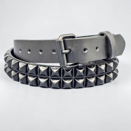 BT117-BS 2 ROW 1/2" BLACK PYRAMID STUDS BELT GENUINE LEATHER