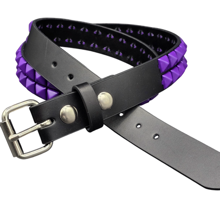 BT117-PRS BLACK LEATHER BELT, 2 ROW 1/2" PURPLE PYRAMID STUDS, 1 1/4" WIDE