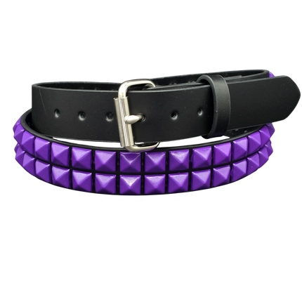 BT117-PRS BLACK LEATHER BELT, 2 ROW 1/2" PURPLE PYRAMID STUDS, 1 1/4" WIDE