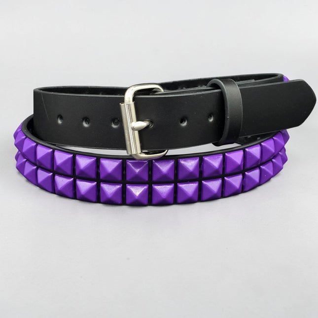BT117-PRS BLACK LEATHER BELT, 2 ROW 1/2" PURPLE PYRAMID STUDS, 1 1/4" WIDE