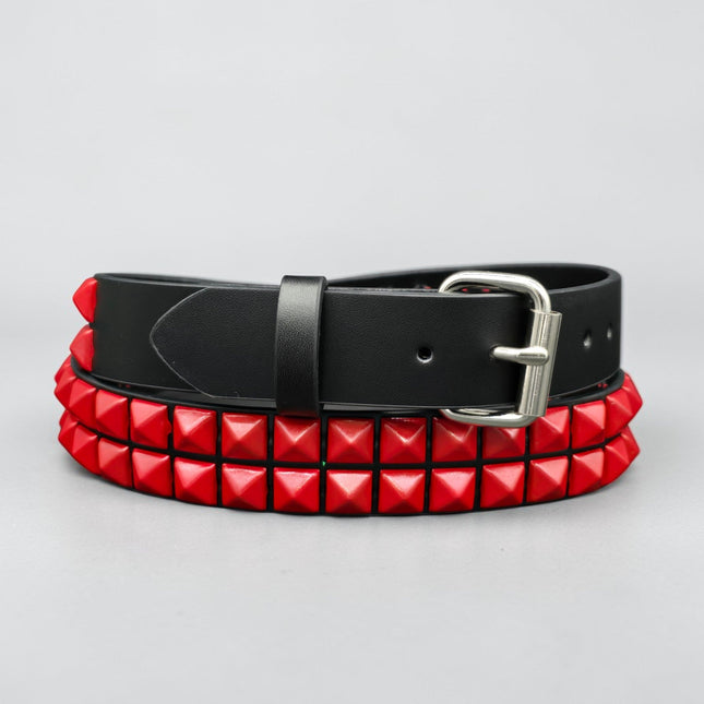 BT117-RS  POWDER COATED RED PYRAMID STUDDED BELT