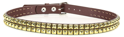 BT117BRN-BRS BROWN LEATHER BELT, 2 ROW 1/2" BRASS PYRAMID STUDS