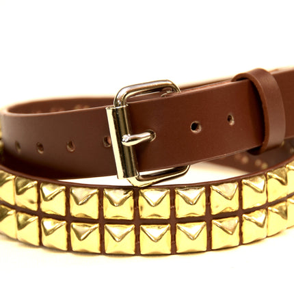 BT117BRN-BRS BROWN LEATHER BELT, 2 ROW 1/2" BRASS PYRAMID STUDS