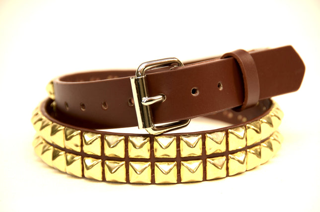 BT117BRN-BRS BROWN LEATHER BELT, 2 ROW 1/2" BRASS PYRAMID STUDS