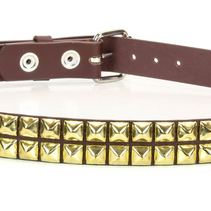 BT117BRN-BRS BROWN LEATHER BELT, 2 ROW 1/2" BRASS PYRAMID STUDS
