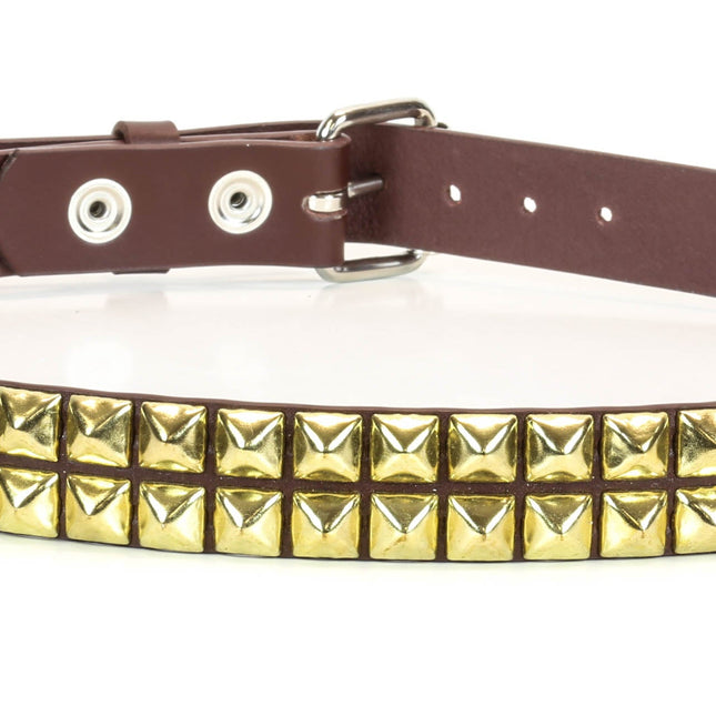 BT117BRN-BRS BROWN LEATHER BELT, 2 ROW 1/2" BRASS PYRAMID STUDS