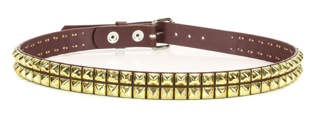 BT117BRN-BRS BROWN LEATHER BELT, 2 ROW 1/2" BRASS PYRAMID STUDS