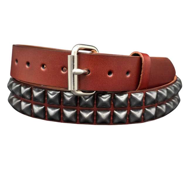BT117BRN-BS  POWDER COATED GUN METAL PYRAMID STUDDED BELT