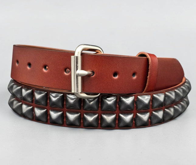 BT117BRN-BS  POWDER COATED GUN METAL PYRAMID STUDDED BELT