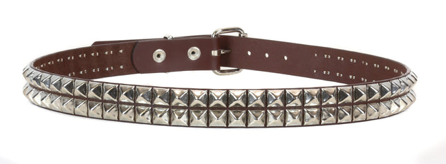 BT117BRN BROWN LEATHER BELT, 2 ROW 1/2" PYRAMID STUDS