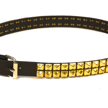 BT117BRN-BRS BROWN LEATHER BELT, 2 ROW 1/2" BRASS PYRAMID STUDS