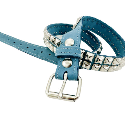 BT117  DENIM LEATHER TWO ROW STUDDED BELT