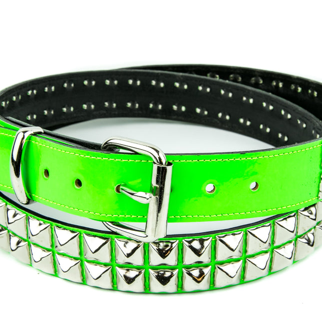 BT117P-GRN GREEN PATENT LEATHER BELT, 2 ROW 1/2" PYRAMID STUDS