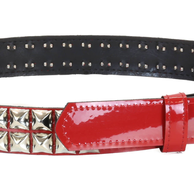 BT117P-RED PATENT LEATHER BELT, 2 ROW 1/2" PYRAMID STUDS