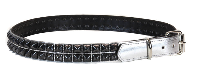 BT117P-SIL-BS SILVER PATENT LEATHER BELT, 2 ROW 1/2" PYRAMID STUDS