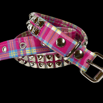 BT117PLAID-PINK PLAID BELT 2 ROW 1/2" SILVER PYRAMID STUDS