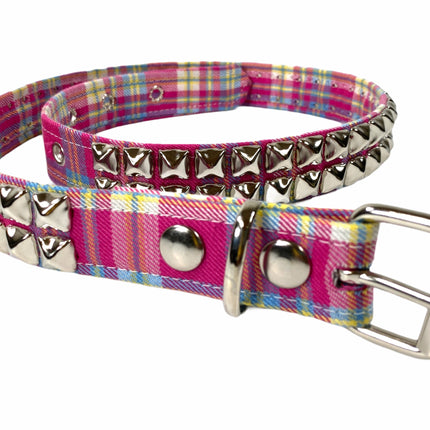 BT117PLAID-PINK PLAID BELT 2 ROW 1/2" SILVER PYRAMID STUDS